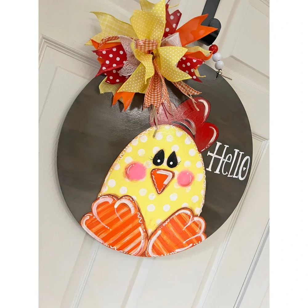 Hand Painted Wooden Chicken Hello Door Hanger Farmhouse Decor Yellow Orange Bow
